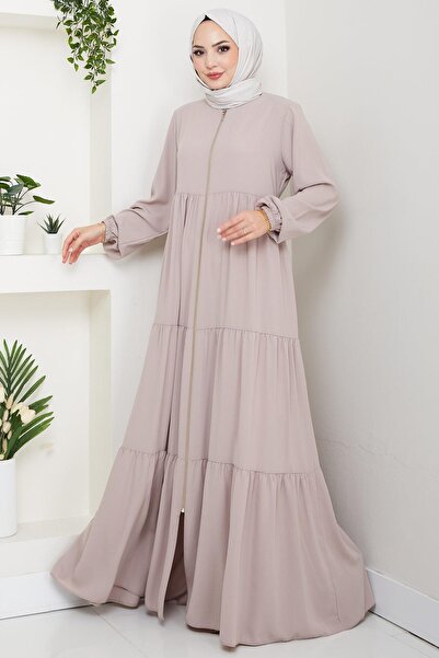 hafsamina Layered Gathered Ferace Beige Hm2735