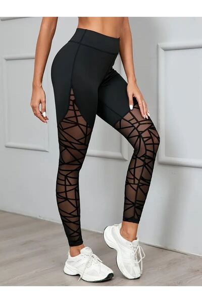 TBL DEKOR Women's High Waist Geometric Pattern Mesh Detailed Diving Leggings