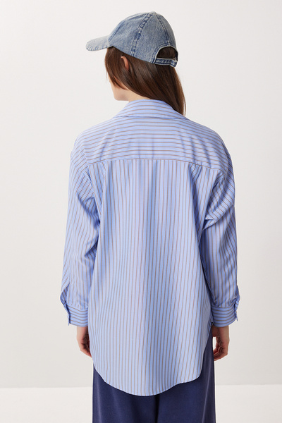 Lovelyİstanbul Embroidered Striped Oversized Poplin Shirt Lxa0008 Blue