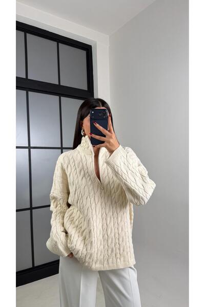 Gaus Ecru Zippered Knitted Sweater Gaus-00213