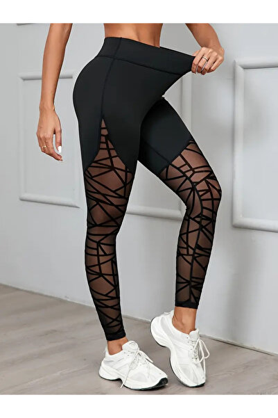 TBL DEKOR Women's High Waist Geometric Pattern Mesh Detailed Diving Leggings