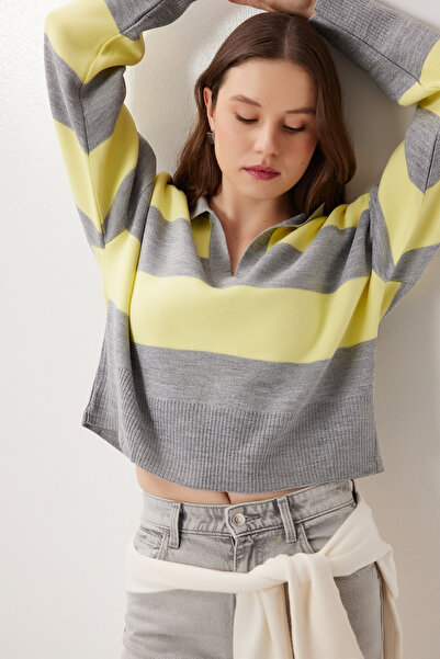 Lovelyİstanbul Polo Neck Striped Knitwear Sweater Lxa0010 Gray Yellow