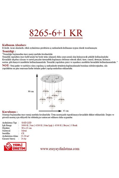 Eray Aydınlatma 8265-6+1 Krom Sarkıt Led Avize