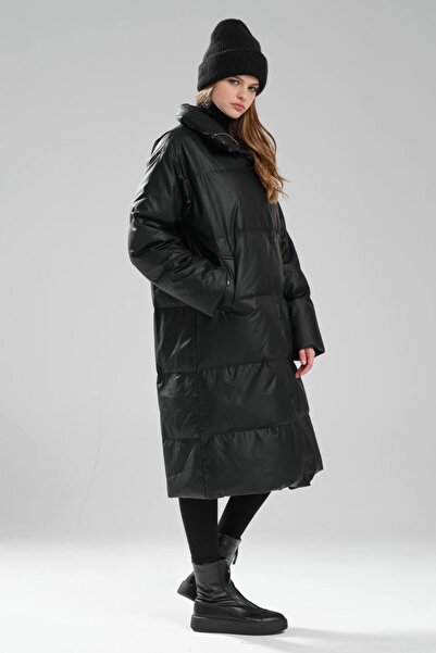 tw3 Women's Faux Leather Goose down Filled Design Long Coat