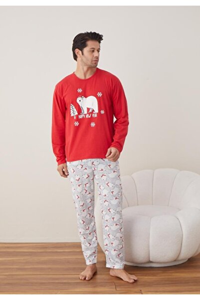 TOSKI Men's Christmas Pajamas Long Pants Long Sleeve, Red, Happy New Year