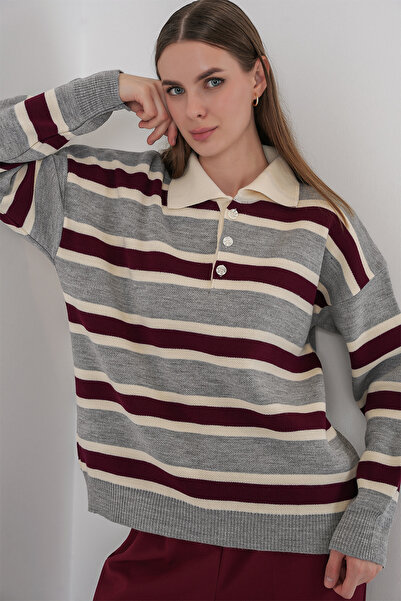 Bigdart Pulover tricotat cu guler polo cu dungi pentru femei 15952 - gri