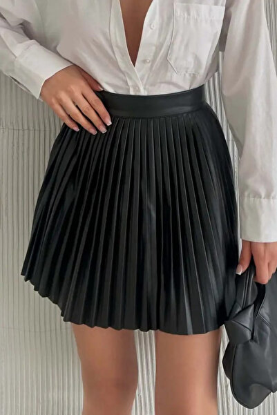 MILANOFOX Women's Soft Leather Side Zipper Pleated Skirt