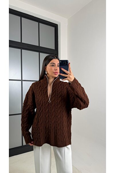 Gaus Coffee Zippered Knit Sweater Gaus-00213