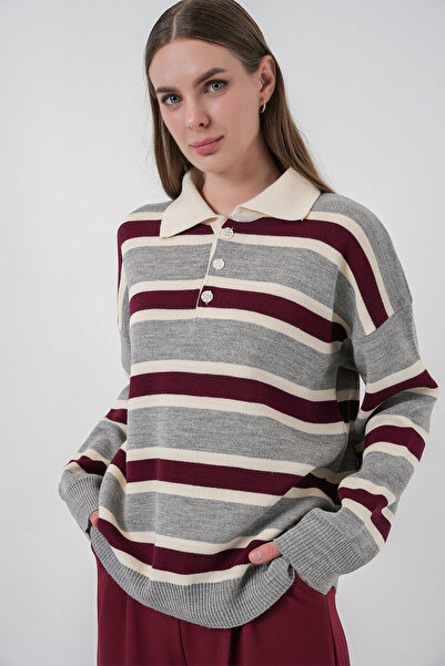 Bigdart Pulover tricotat cu guler polo cu dungi pentru femei 15952 - gri