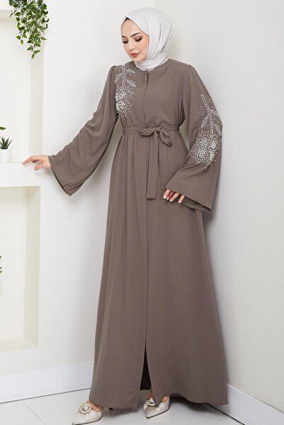 hafsamina Pearl Flower Motif Belted Ferace Light Brown Hm2720