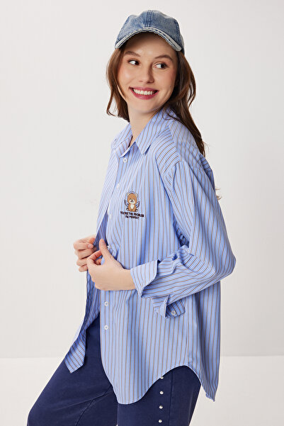 Lovelyİstanbul Embroidered Striped Oversized Poplin Shirt Lxa0008 Blue