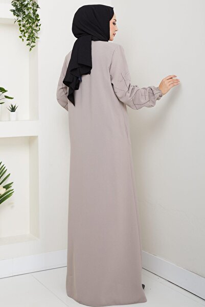 hafsamina Large Size Ferace Beige with Stone Sleeves Hm2801