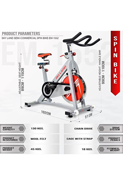 SKY LAND Semi Commercial Spin Bike EM-1552, 18KG Flywheel, Adjustable Resistance, Cardio Cycle