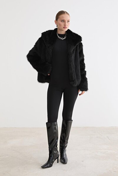 LEVURE Fur Long Sleeve Coat Black