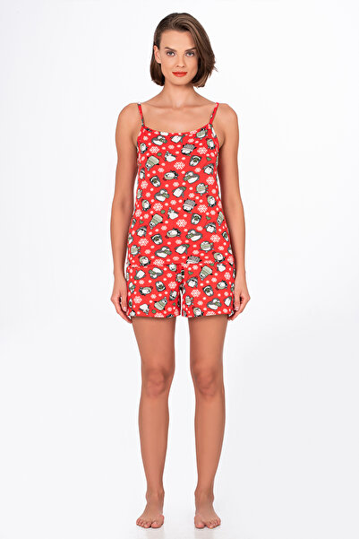 Kompedan Kadın Kırmızı Desenli İp Askılı Şortlu Pijama Takımı