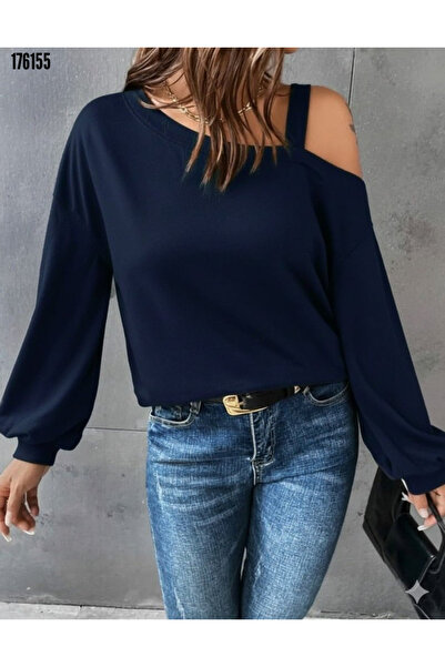 JANES Kadın Uzun Kollu Tek Omuz Askı Detay Salaş Viskon Iki Iplik Bluz