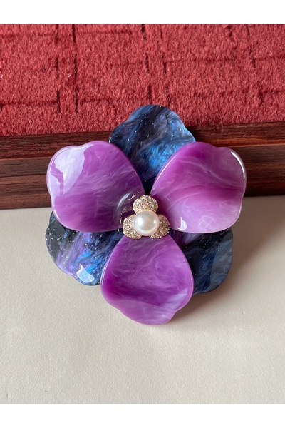 Purple Glitter Detailed Flower Bone Needle Brooch