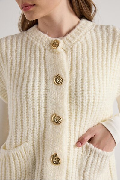 minaaise Women's Ecru Hair Knit Button Detailed Knitwear Vest 5584
