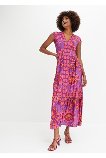 Şans Women's Plus Size Colorful, Back Elastic Detail, Patterned Dress 65N39235