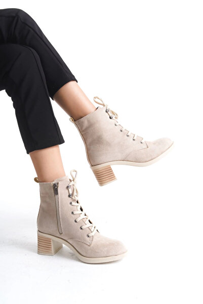 Joy Ayakkabı Lena Lace-Up Zippered Orthopedic Sole Heeled Suede Women's Boots - Tan
