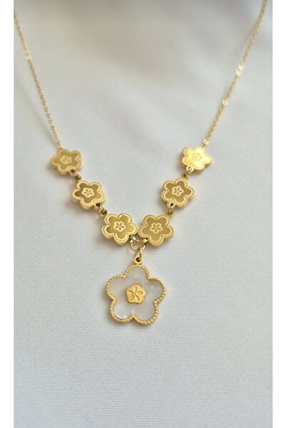 GUNESTAKI 316L Çelik Gold Renk Çiçekli Kadın Kolyesi-Çelik Çiçek Kolye-Çelik ...