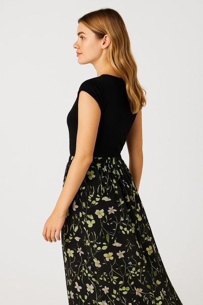 Şans Women's Plus Size Black, Elastic Waist, Floral Print Chiffon Lined Long Skirt 65N39236