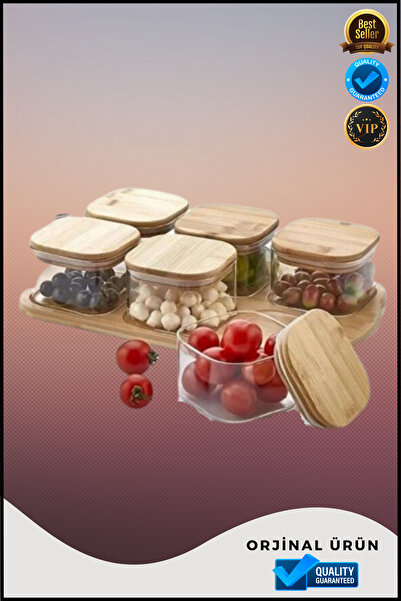 Overbazaar Glass Storage and Breakfast Set with Bamboo Lid – 6-Piece Presentation Container, Stylish Serving Design
