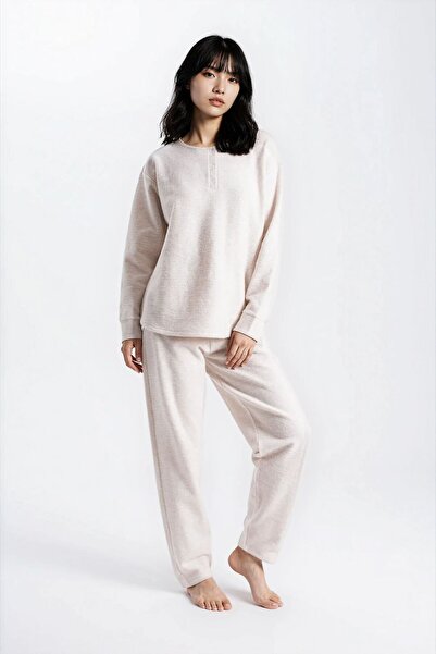 Ecrou Women's Stone Melange Waffle Buttoned Long Sleeve Trousers Pajama Set