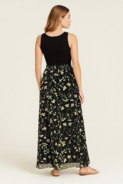 Şans Women's Plus Size Black, Elastic Waist, Floral Print Chiffon Lined Long Skirt 65N39236