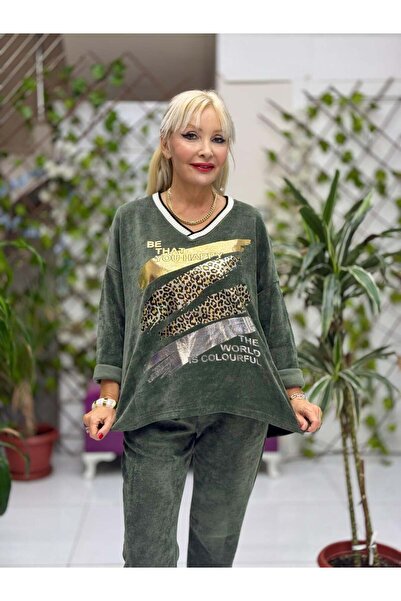 Punta Otantik Nc24155 Leopard Printed Italian Velvet Suit Green