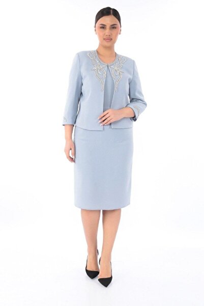 MİSS DİAMOND Jacket Elegant Stone Water Blue Short Skirt Three-Piece Suit
