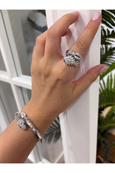bestmysilver Kadın Gümüş İthal Zirkon Taşlı Tasarım Bileklik ve Yüzük Seti
