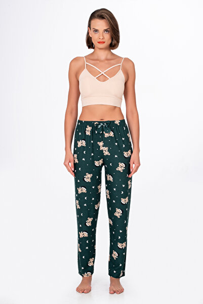 Kompedan Kadın Süet Ayıcık Desenli Pijama Tek Alt – Yeşil