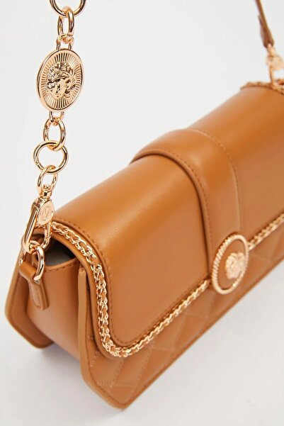 Levidor Women's Medium Size Molded Chain and Logo Detailed Stylish Shoulder Bag 930389 Tan