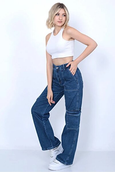 civetta Women's Dark Blue Cargo Pocket Pants Jeans