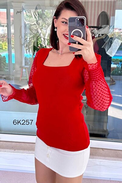 İnce Topuk Square Neck Sleeve Scored Knitwear Blouse 6K257