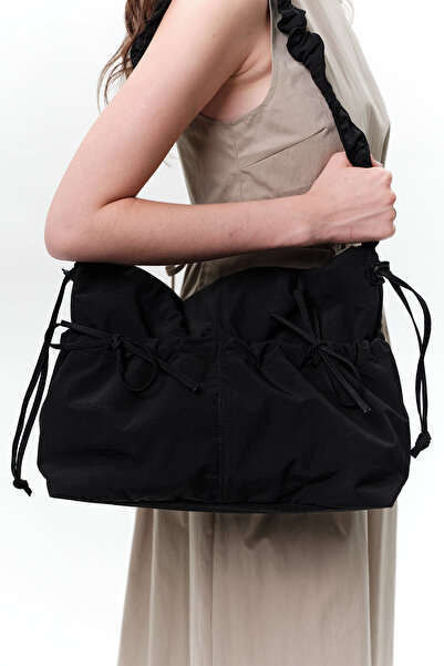 Manuka Black Tote Bag with Drawstring Detail