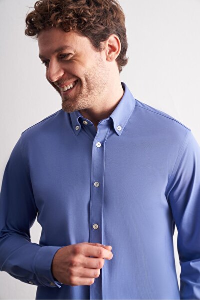 İmza Dark Blue Buttoned Collar Knitted Long Sleeve Product Slim Fit Stretchy Shirt 1004255270