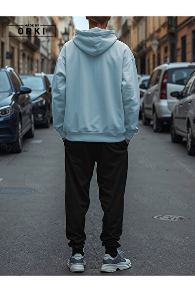 EFFRENATU CHILL Baskılı Açık Mavi Oversize Hoodie & Siyah Jogger Eşofman Takım
