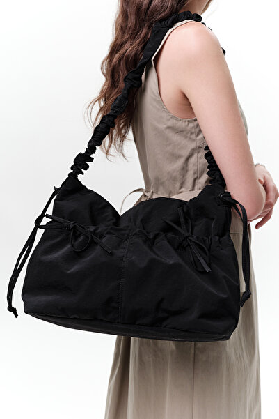 Manuka Black Tote Bag with Drawstring Detail