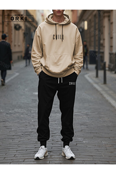EFFRENATU CHILL Baskılı Bej Oversize Hoodie & Siyah Jogger Eşofman Takım