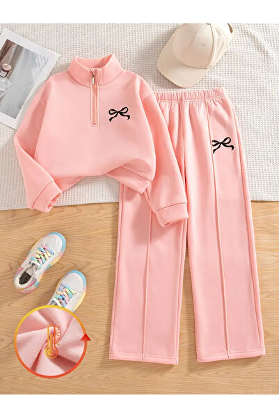 Machetta Children's New Bow Printed 100% Cotton Long Sleeve Half Zipper Sweat-Sweatpants