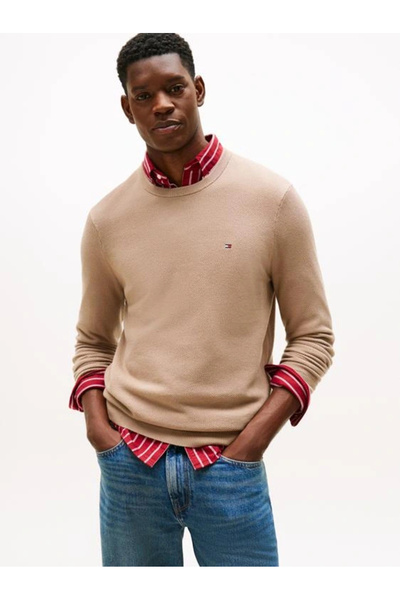 Tommy Hilfiger Klasik Dokulu Bisiklet Yaka Erkek Bej Kazak MW0MW36347AFE