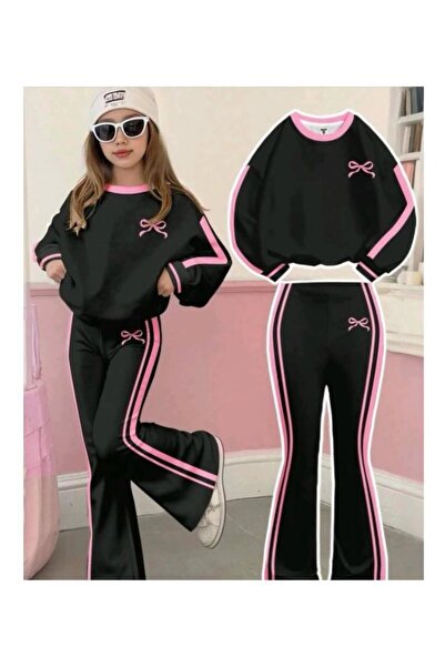 npLStore Girl's Ribbon Printed Crew Neck Sweatshirt Flared Tracksuit Set