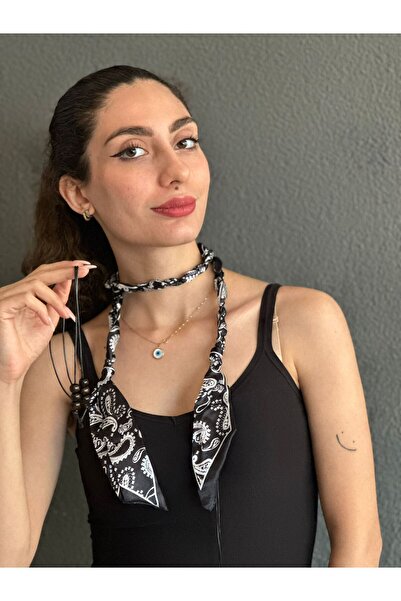 Gönülden Tasarım Satin Beaded Women's Neck Tie Scarf Accessory 110 cm Black