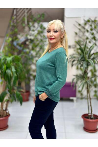 Punta Otantik Nc1202 Leopard Inside Round Neck Knitwear Small Fit Blouse Bitter Green