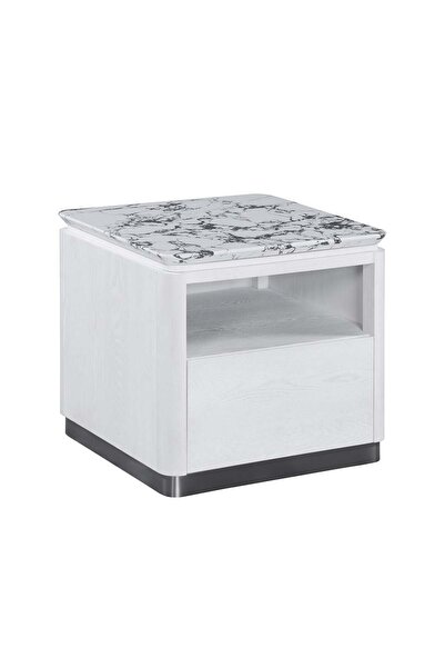 Danube Home Akira Stone Top End Table with 1 Drawer – White & Grey Elegant Accent Table