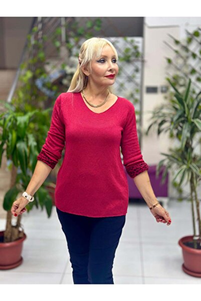 Punta Otantik Nc1202 Round Neck Knitwear with Leopard Inside Small Fit Blouse Burgundy