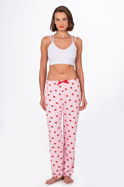 Kompedan Kadın Süet Çilek Desenli Pijama Tek Alt