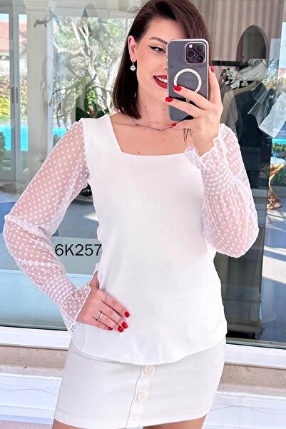 İnce Topuk Square Neck Sleeve Scored Knitwear Blouse 6K257